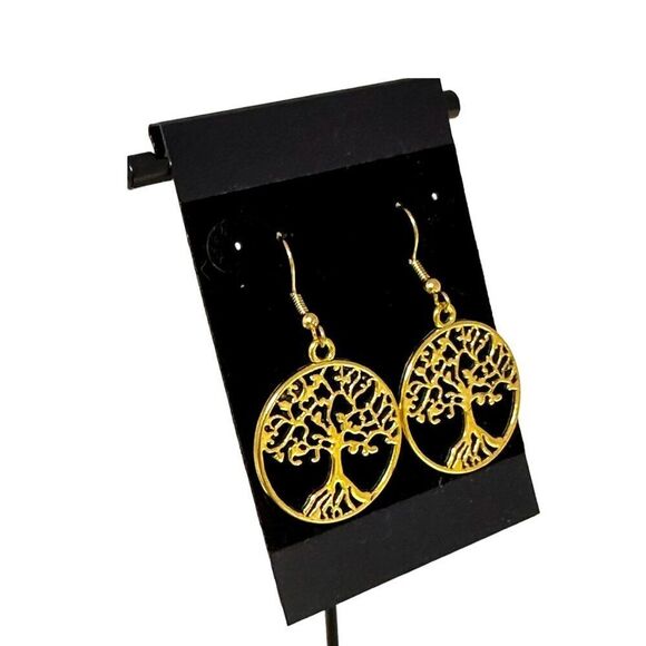 Tree of Life Earrings Gold Plated French Hook Ear Wires - Picture 5 of 6